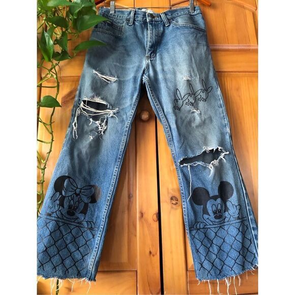 Lee Regular Fit Hand Painted Graffiti Vulgar Mickey and Minnie Jeans Size 32 - Picture 2 of 15